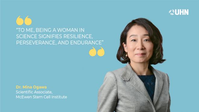 Graphic of smiling Asian woman in front of teal background with text
