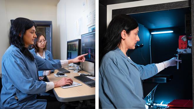 (left) Naz Choudary showing an inside view of the SmART+ machine; (right) Naz Choudary looking at images on a computer with a colleague.